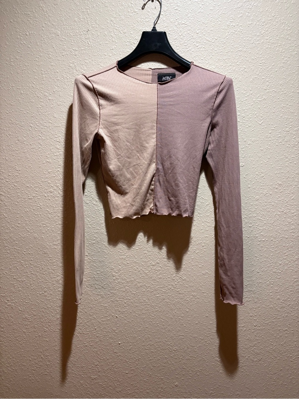 Two-Tone Blush Ribbed Long Sleeve Crop Top